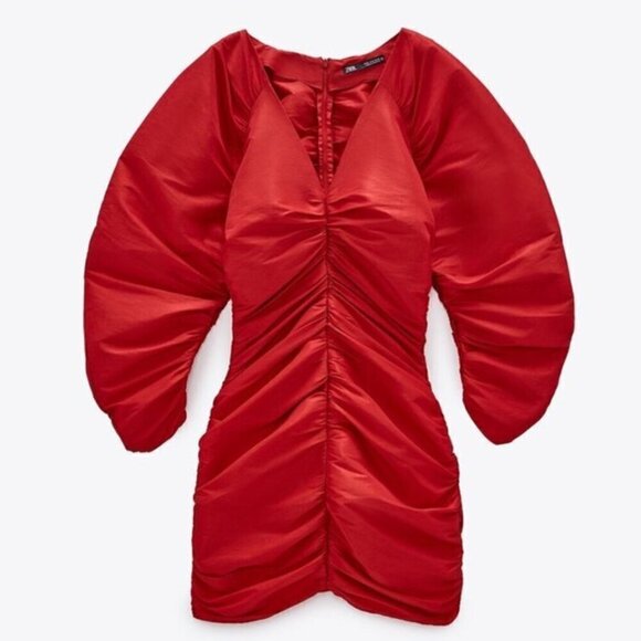 ZARA Draped Ruched V-Neck Mini Dress Gathered Puff Sleeve in Red Women's XS - Picture 11 of 11